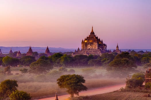 Scenic view of ancient Bagan temple during golden hour
