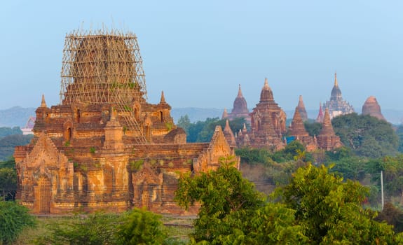 Scenic view of ancient Bagan temple during golden hour