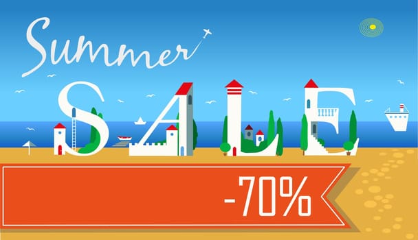 Inscription Summer Sale. Seventy percents off. Cute white houses on the coast. Plane in the sky. Orange banner for custom text. Illustration.