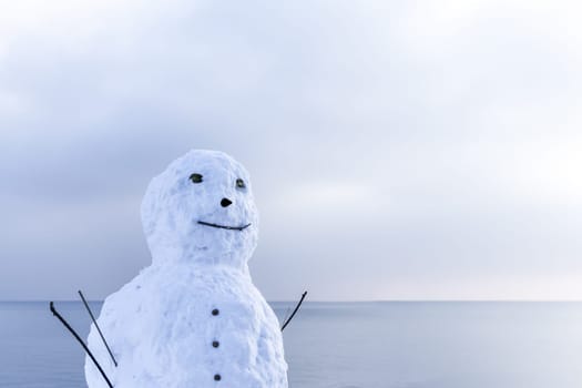 Traditional man of snow at a cool and snowy sea scene.