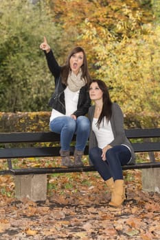 One girl is pointing upwards. The other girl is looking to the same point. Wonderful funny friendship girls in fall clothes and colors.