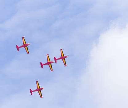 LEEUWARDEN, NETHERLANDS - JUNE 6, 2016: Belgian Red Devils stunt team in action at the Dutch Air Force open days in the netherlands