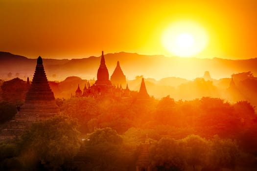 Scenic view of ancient Bagan temple during golden hour