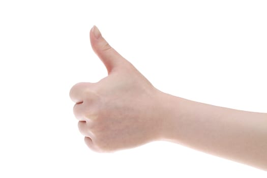 Woman hand with thumb up isolated on white background　