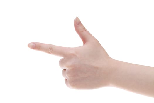 Woman hand point with finger isolated on white background
