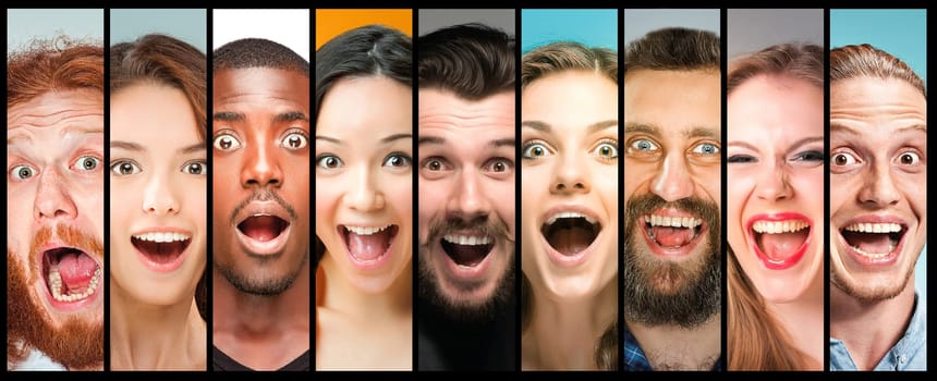 The collage of young women and men smiling and surprised face expressions