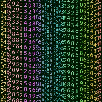 Matrix concept rainbow and black green background with digits on screen. Algorithm binary, data code, decryption and encoding, colorful rainbow row matrix, vector illustration