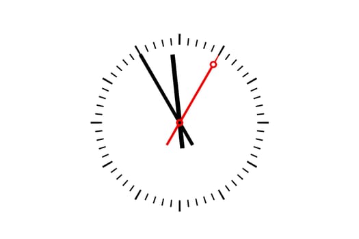 Watch,dial with minute hand and red second hand shows the time 5 to 12.  Texfreiraum on white background..
