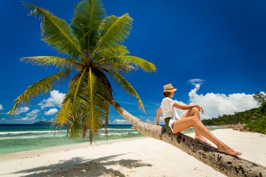 Beautiful woman sitting on a palmtree in La Digue, Seychelles