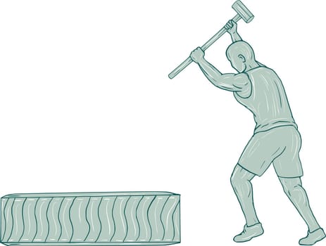 Drawing sketch style illustration of an athlete working out holding sledgehammer striking tire viewed from the side set on isolated white background.