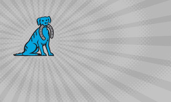 Business card showing Illustration of a blue merle dog sitting biting horseshoe viewed from front done in retro style. ....