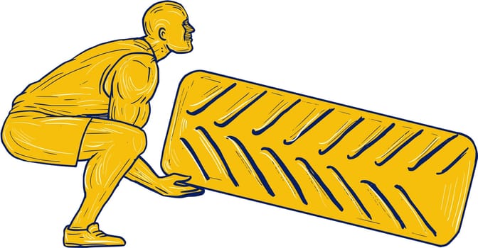 Drawing sketch style illustration of an athlete working out squatting lifting tire viewed from the side set on isolated white background.