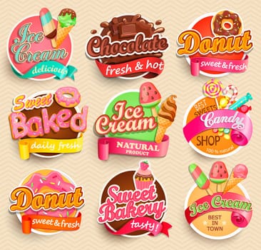 Set of sweet food labels. Vector illustration for cafe and restaurant menu.