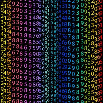 Matrix concept rainbow and black green background with digits on screen. Algorithm binary, data code, decryption and encoding, colorful rainbow row matrix, vector illustration