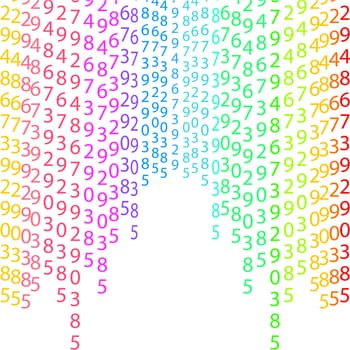 Matrix concept rainbow and white background with digits on screen. Algorithm binary, data code, decryption and encoding, colorful rainbow row matrix, vector illustration