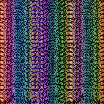 Matrix concept rainbow and black green background with digits on screen. Algorithm binary, data code, decryption and encoding, colorful rainbow row matrix, vector illustration