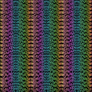 Matrix concept rainbow and black green background with digits on screen. Algorithm binary, data code, decryption and encoding, colorful rainbow row matrix, vector illustration