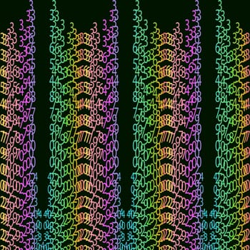 Matrix concept rainbow and black green background with digits on screen. Algorithm binary, data code, decryption and encoding, colorful rainbow row matrix, vector illustration