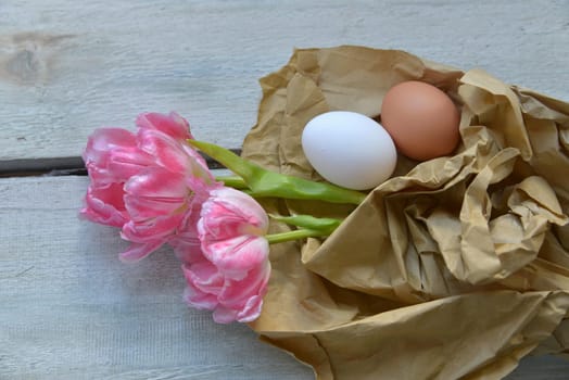 pink tulips on wooden background white shabby