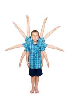 Image montage of a 10-year-old boy with inserted arms in a blue checkered shirt,shorts,barefoot on a white background.
