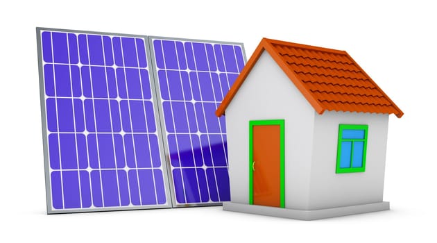 House and solar panel on a white background, 3d render.