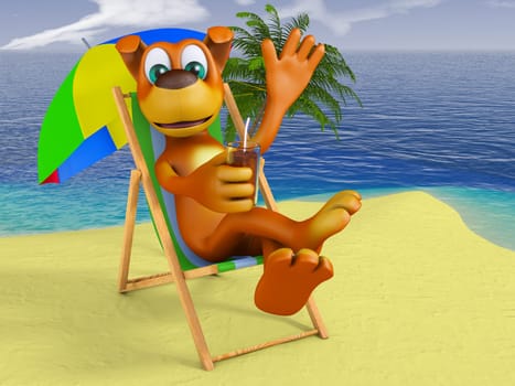 The dog is sitting in a Chaise-longue on the island. 3d rendering.
