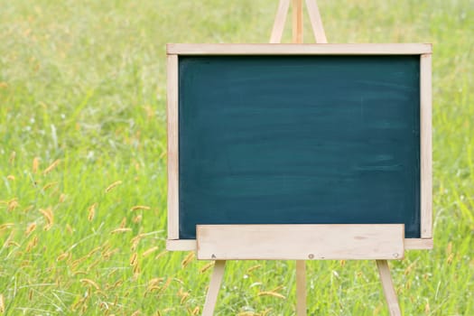 empty chalkboard with wooden easel on green field background
