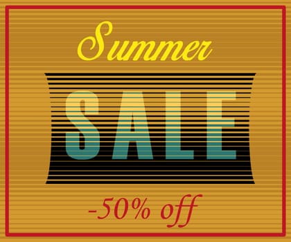 Summer Sale Inscription. Fifty percents off. Artistic font. Striped Yellow Blue Letters. Illustration.