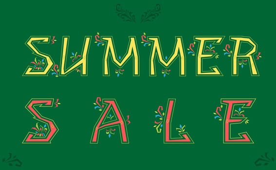 Inscription Summer Sale. Artistic font. Delicate yellow and red letters with floral decor. Illustration.