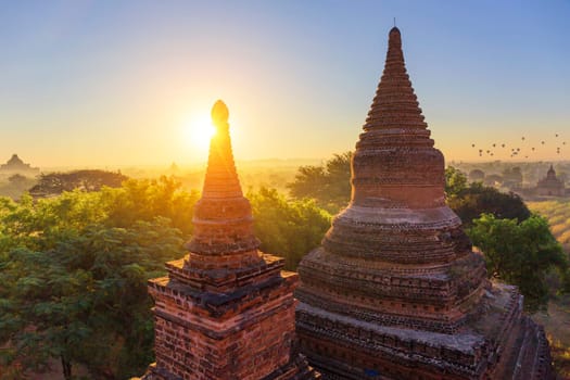 Scenic view of ancient Bagan temple during golden hour