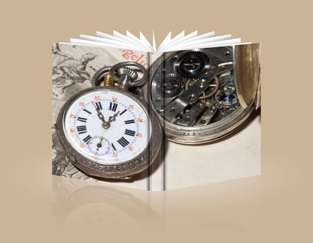 book of antique pocket watch on ancient Bible into Latin