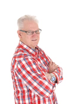 A closeup image of a white hair senior man in a checkered shirt and .glasses in profile, isolated for white background..