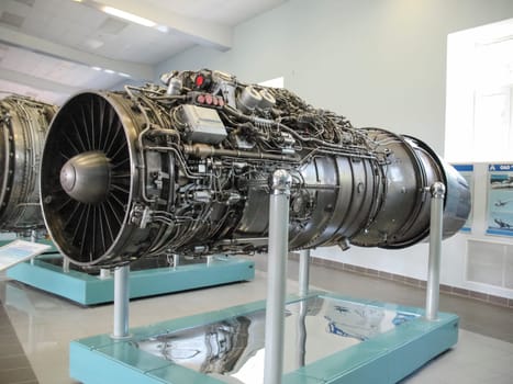 Gatchina, Russia - June 16, 2016: Museum of the history of aircraft engine building. Aircraft engines on stands. Turbine engines and internal combustion engines. Models of aircraft construction.