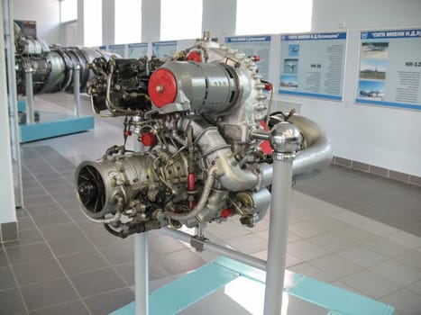 Gatchina, Russia - June 16, 2016: Museum of the history of aircraft engine building. Aircraft engines on stands. Turbine engines and internal combustion engines. Models of aircraft construction.