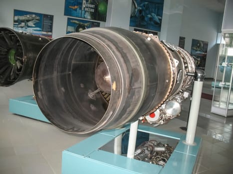 Gatchina, Russia - June 16, 2016: Museum of the history of aircraft engine building. Aircraft engines on stands. Turbine engines and internal combustion engines. Models of aircraft construction.
