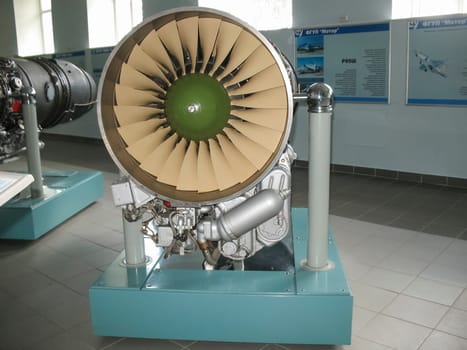 Gatchina, Russia - June 16, 2016: Museum of the history of aircraft engine building. Aircraft engines on stands. Turbine engines and internal combustion engines. Models of aircraft construction.