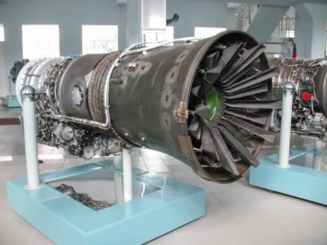Gatchina, Russia - June 16, 2016: Museum of the history of aircraft engine building. Aircraft engines on stands. Turbine engines and internal combustion engines. Models of aircraft construction.