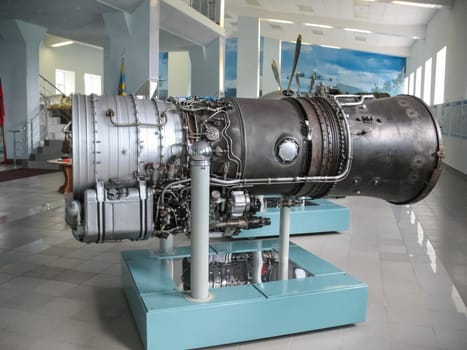 Gatchina, Russia - June 16, 2016: Museum of the history of aircraft engine building. Aircraft engines on stands. Turbine engines and internal combustion engines. Models of aircraft construction.