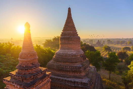 Scenic view of ancient Bagan temple during golden hour