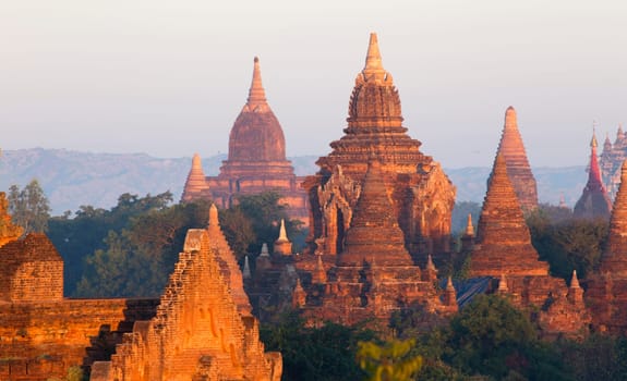 Scenic view of ancient Bagan temple during golden hour