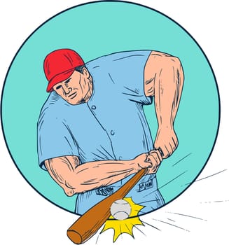 Drawing sketch style illustration of an american baseball player batter hitter hitting a homerun viewed from front set inside circle.