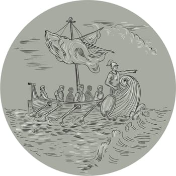 Drawing sketch style illustration of an ancient Greek trirema warship ship with mariners rowing and navigator pointing forward sailing on rough Mediterranean sea set inside circle.