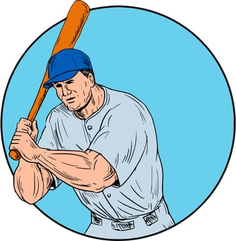 Drawing sketch style illustration of an american baseball player batter hitter holding bat viewed from front set inside circle.