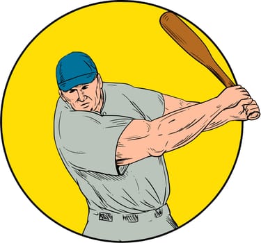 Drawing sketch style illustration of an american baseball player batter hitter  swinging bat viewed from front set inside circle.