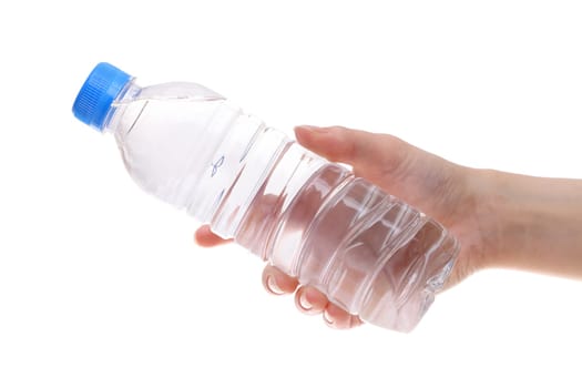 Hand holding water bottle isolated on white background
