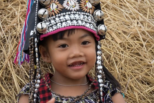 Akha girls,ethnic group of the mountain people with traditional headdress