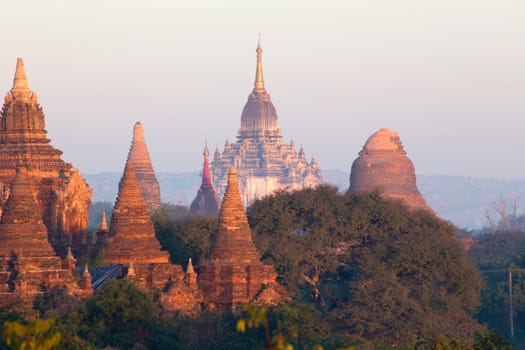 Scenic view of ancient Bagan temple during golden hour