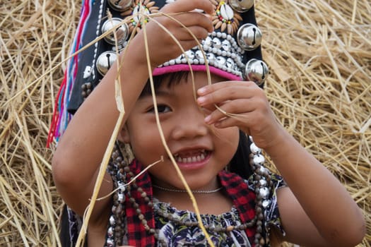 Akha girls,ethnic group of the mountain people with traditional headdress