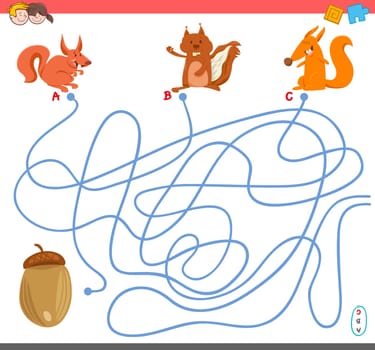 Cartoon Illustration of Paths or Maze Puzzle Activity Game with Squirrel Animal Characters and Acorn