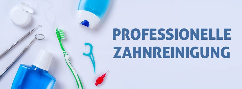 Dental care products on a bright background - Professional tooth cleaning